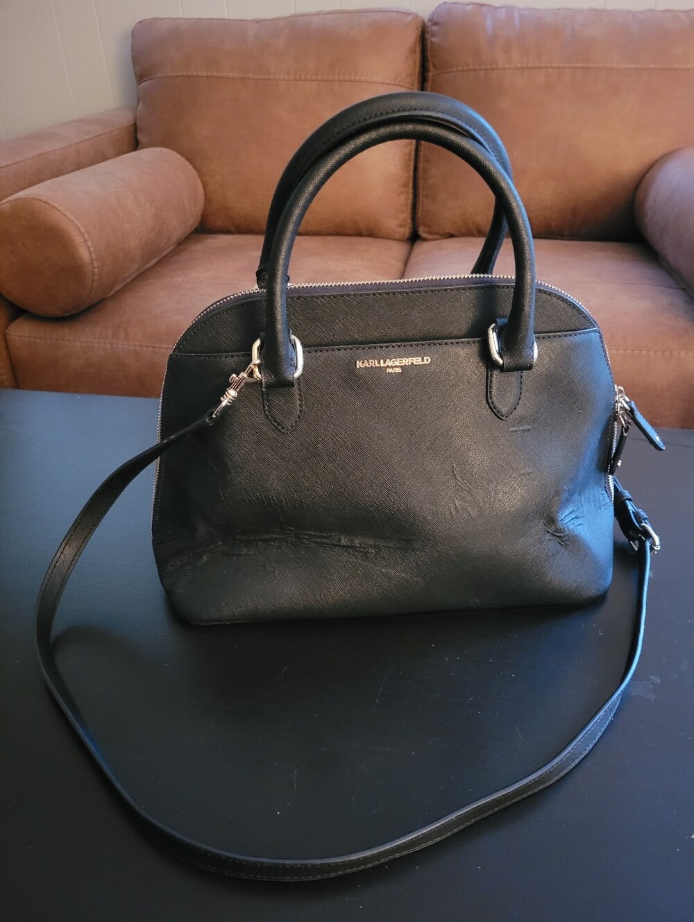Karl Lagerfeld Black Dome Saffiano Leather Satchel with Removable Strap